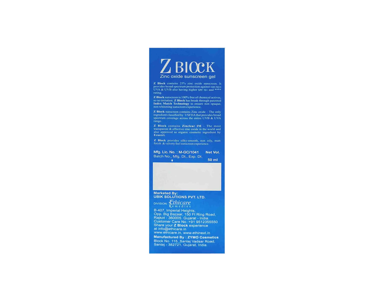Z Block Zinc Oxide Sunscreen Gel SPF 50+ PA+++
